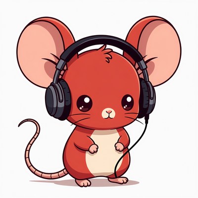Cute red mouse wearing headphones