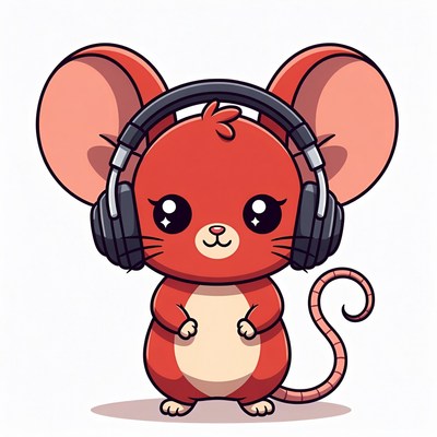 Cute red mouse wearing headphones