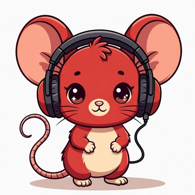 Cute red mouse wearing headphones