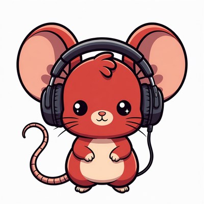 Cute red mouse wearing headphones