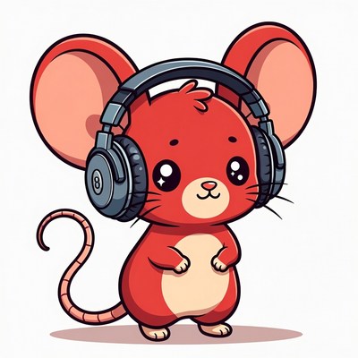 Cute red mouse wearing headphones