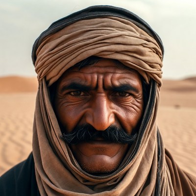 Bedouin man in desert with turban