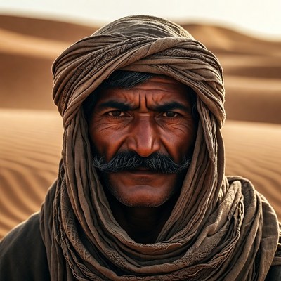 Middle Eastern man in turban in desert