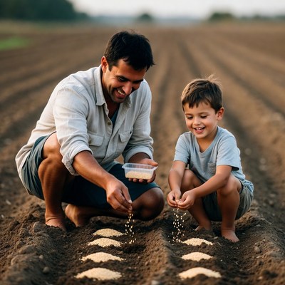 Father and son planting seeds in field