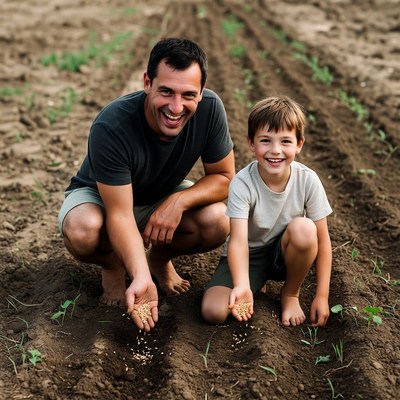 Father and son planting seeds in field