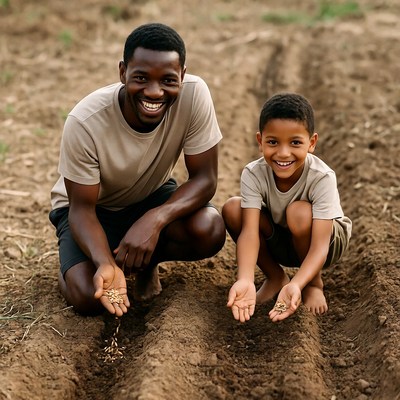 African-American father and son planting seeds