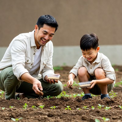 Asian father and son planting seeds
