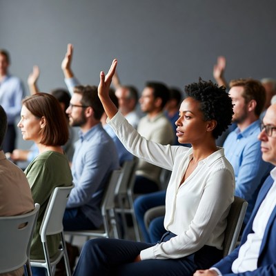 African-American woman raising hand in meeting