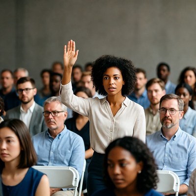 African-American woman raising hand in meeting