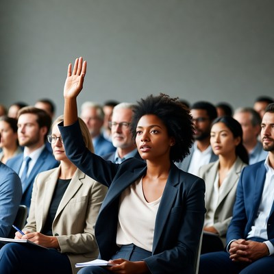 African-American woman raising hand in meeting