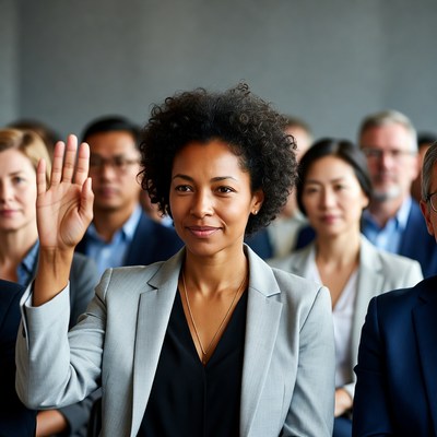 African-American woman raising hand in meeting