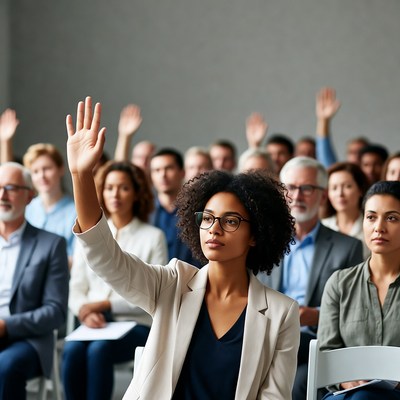 African-American woman raising hand in meeting