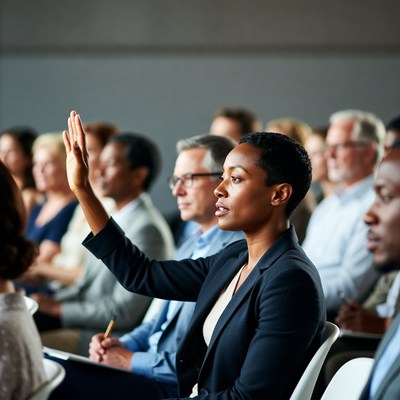 African-American woman raising hand in meeting