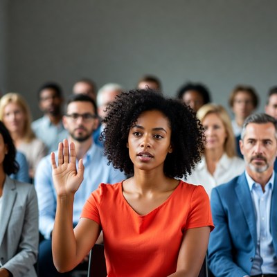 African-American woman raising hand in meeting