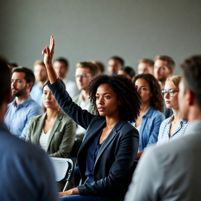 African-American woman raising hand in meeting