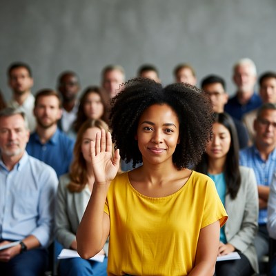 African-American woman raising hand in meeting
