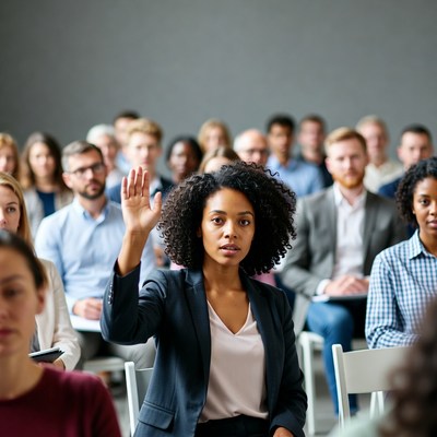 African-American woman raising hand in meeting