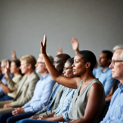 African-American woman raising hand in meeting