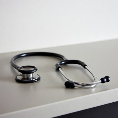 Black stethoscope on gray table