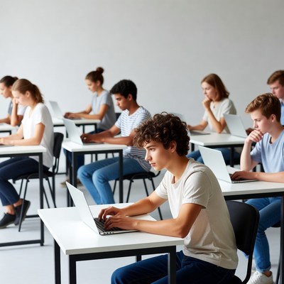 Students using laptops in classroom