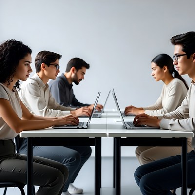 Diverse group working on laptops