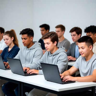Diverse students using laptops in classroom