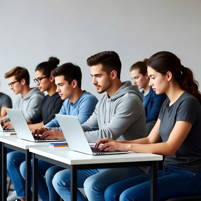 Diverse students using laptops in classroom