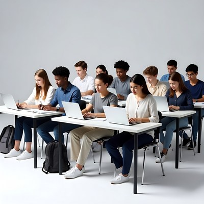 Diverse students using laptops in classroom