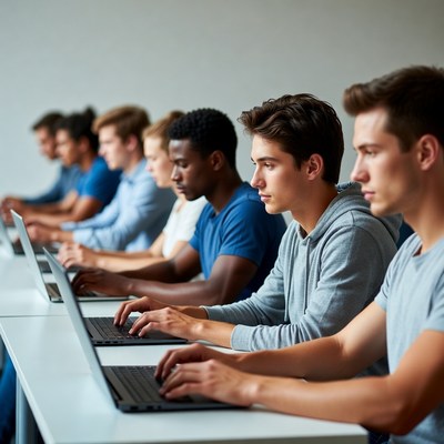 Young men using laptops in classroom