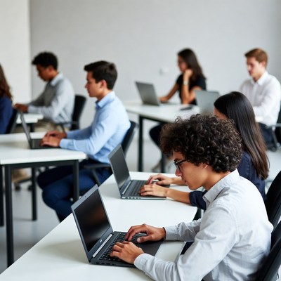 Diverse students working on laptops