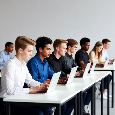 Diverse students using laptops in classroom