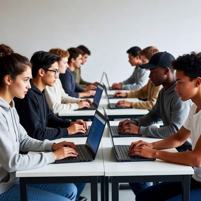 Diverse students using laptops in classroom