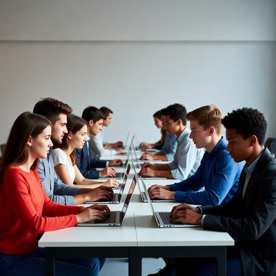 Diverse students working on laptops