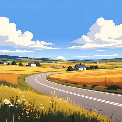 Curvy road through golden wheat fields