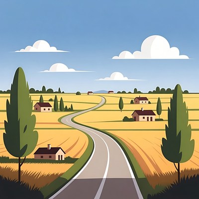 Winding Road Through Wheat Fields