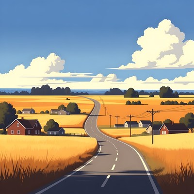Winding road through golden wheat fields
