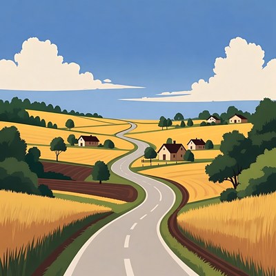 Winding road through golden wheat fields