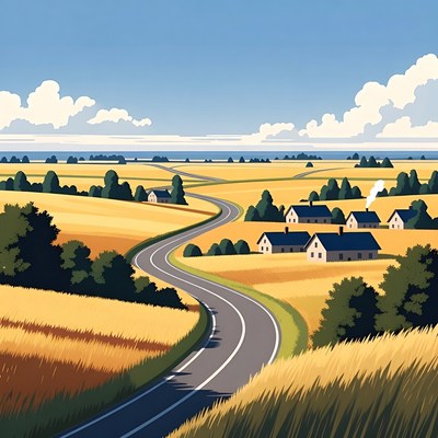 Winding Road Through Golden Wheat Fields