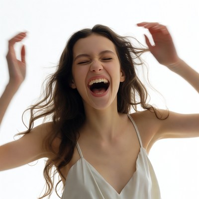 Woman laughing with arms raised