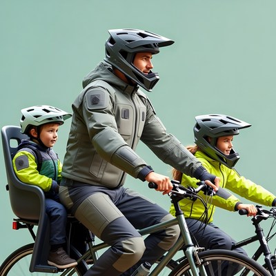 Father biking with two children