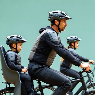 Father biking with kids in helmets