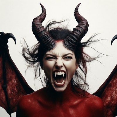 Red demon woman roaring with wings