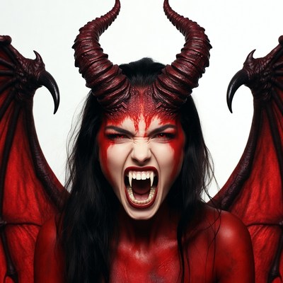 Woman as red demon roaring