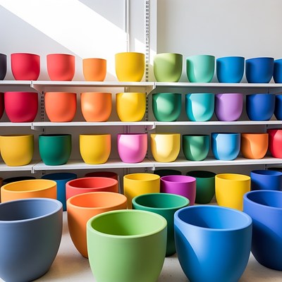 Colorful Flower Pots on Shelves