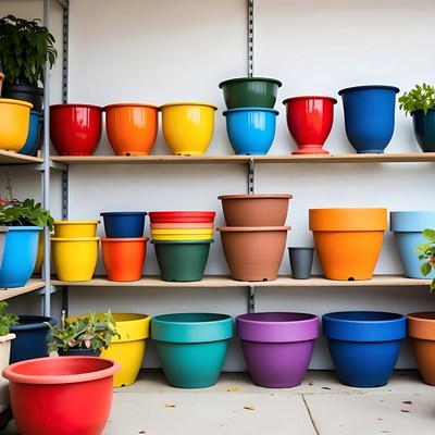 Colorful Plastic Flower Pots on Shelves