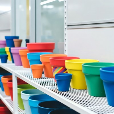 Colorful Flower Pots on Store Shelf