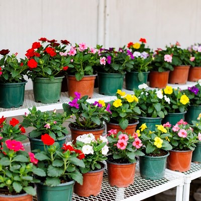 Colorful Geraniums in Pots on Shelves