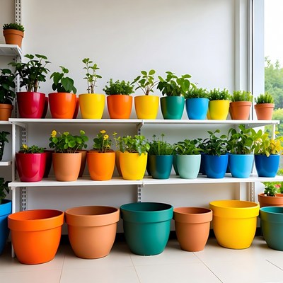 Colorful Plant Pots on Shelves