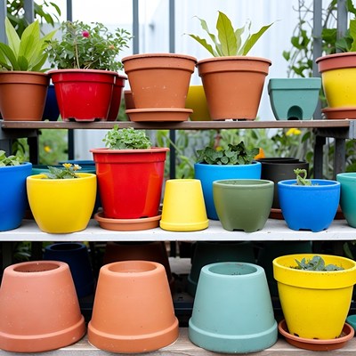 Colorful terracotta flower pots on shelves