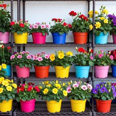 Colorful Flowers in Bright Pots on Shelves